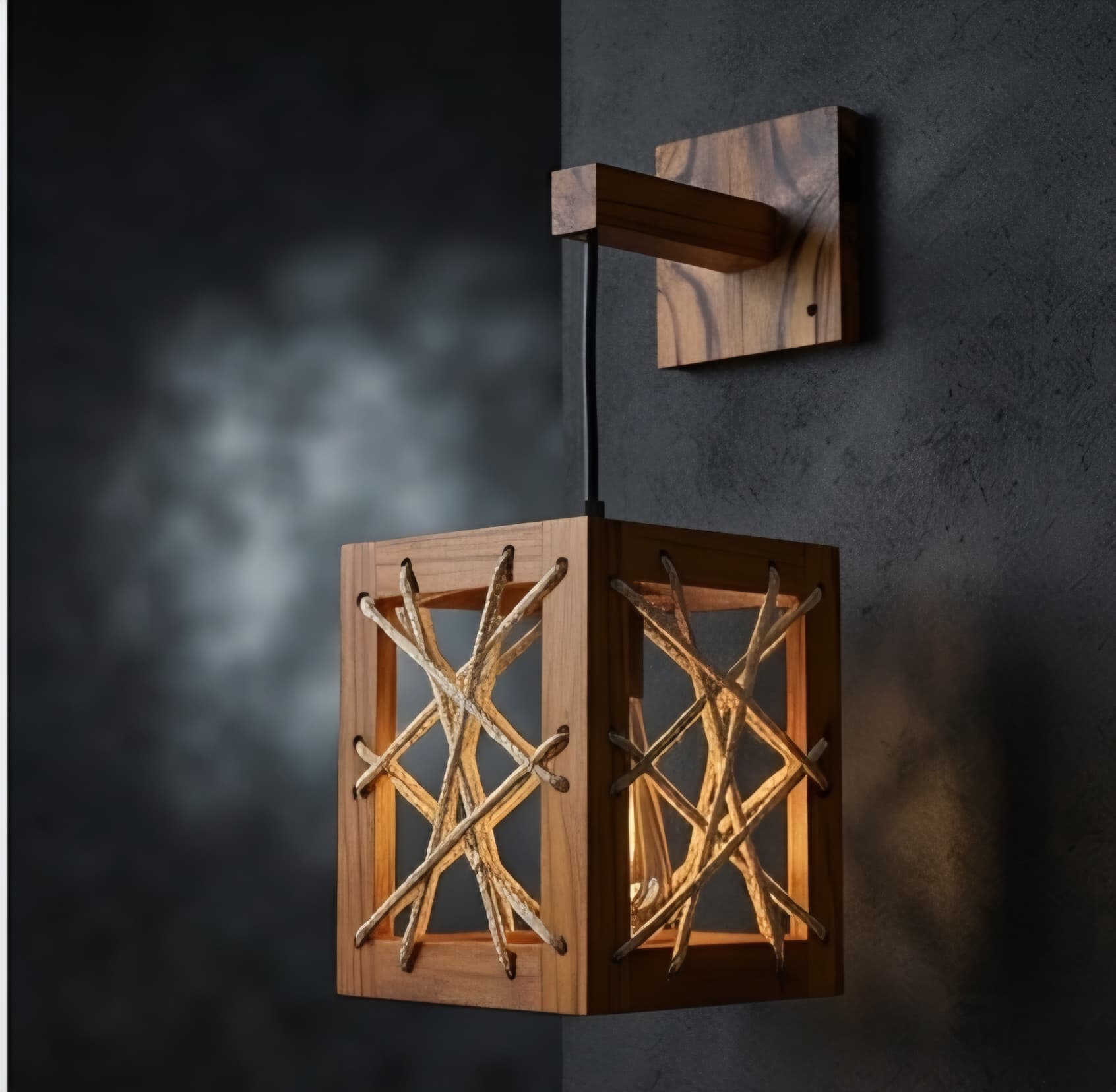 Rustic Wooden Wall Light, Antique Cube Hanging Wall Sconce Lamp with Jute Rope Weaving
