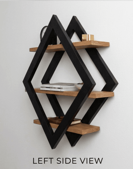 Geometric Diamond Floating Wall Shelf 3-Tier Black & Teak Wood