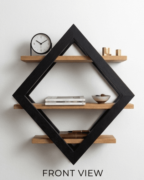 Geometric Diamond Floating Wall Shelf 3-Tier Black & Teak Wood — alternate view