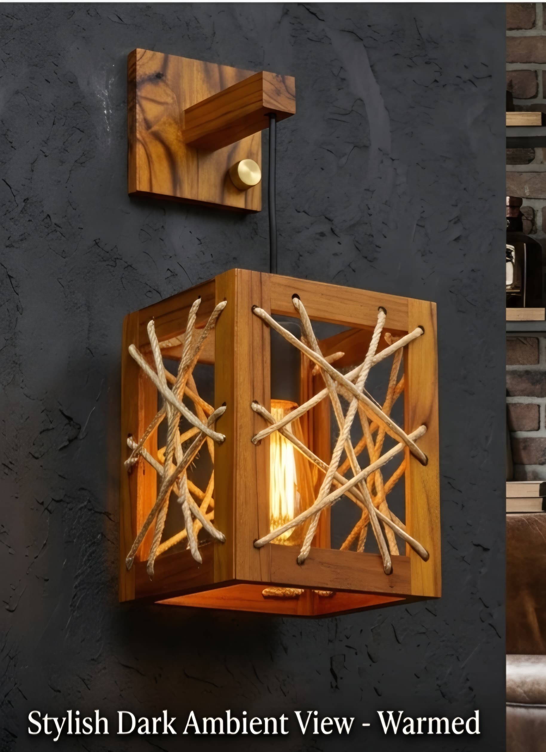 Rustic Wooden Wall Light, Antique Cube Hanging Wall Sconce Lamp with Jute Rope Weaving — alternate view